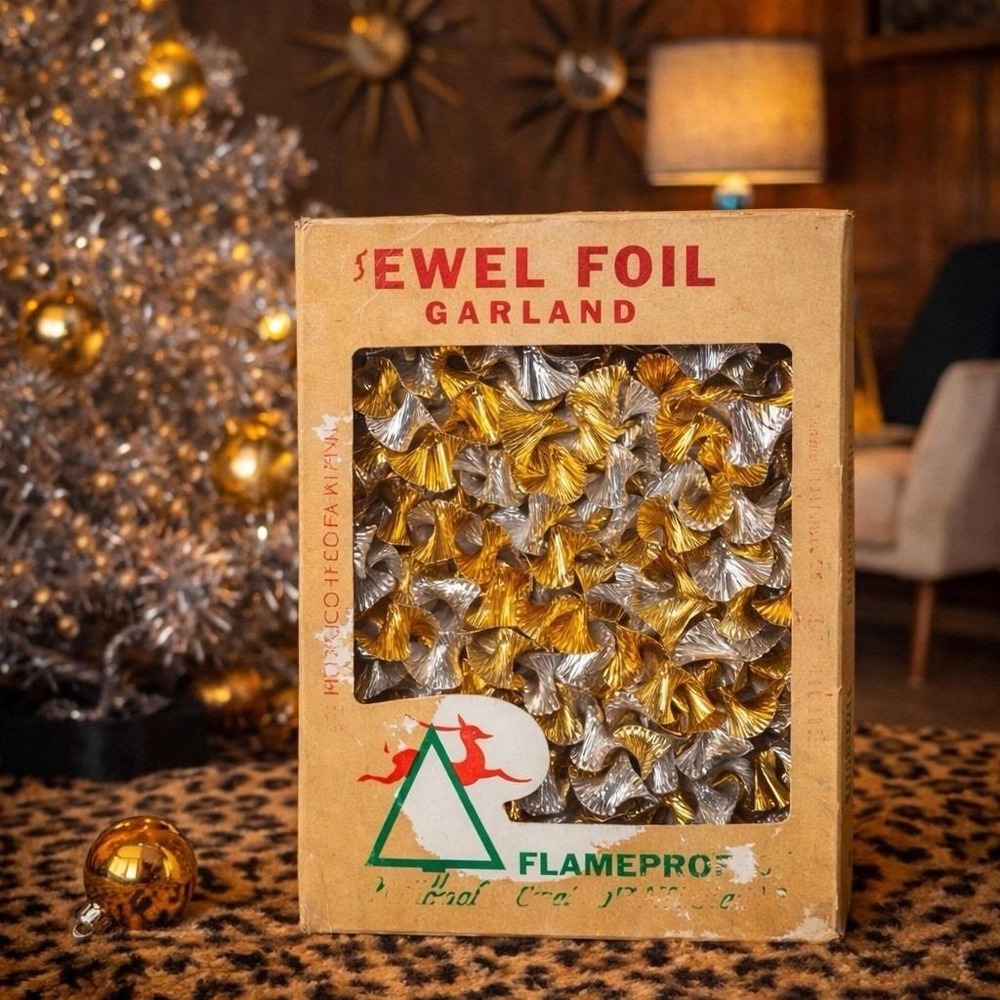 Jewel Foil Garland Gold Silver Christmas Tree Decor 30 Ft Mid Century Box VTG